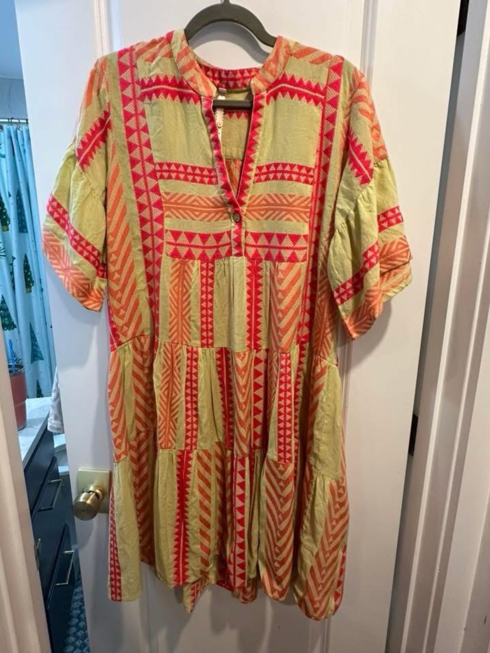 Uncle Frank Lime & Coral Embroidered Tiered Midi Dress Size Medium
